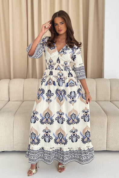 GIRL IN MIND Dorothy Border Print Maxi Dress Blue