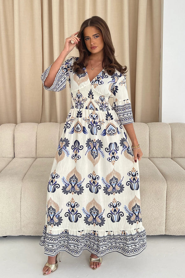 GIRL IN MIND Dorothy Border Print Maxi Dress Blue