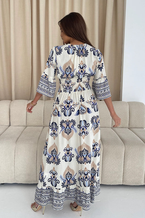 GIRL IN MIND Dorothy Border Print Maxi Dress Blue