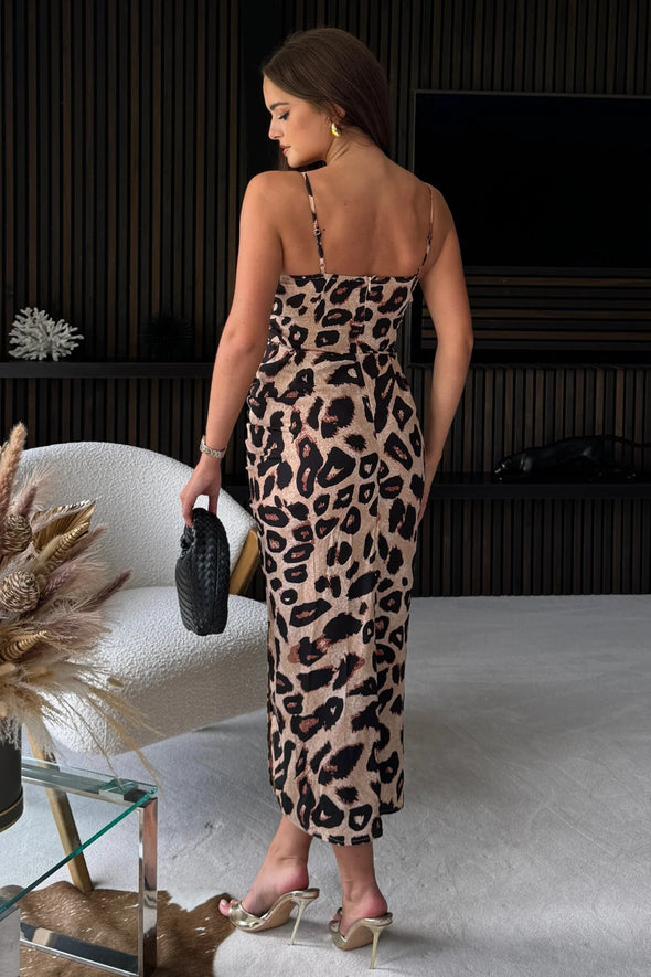 GIRL IN MIND Selena Leopard Ruched Midi Dress