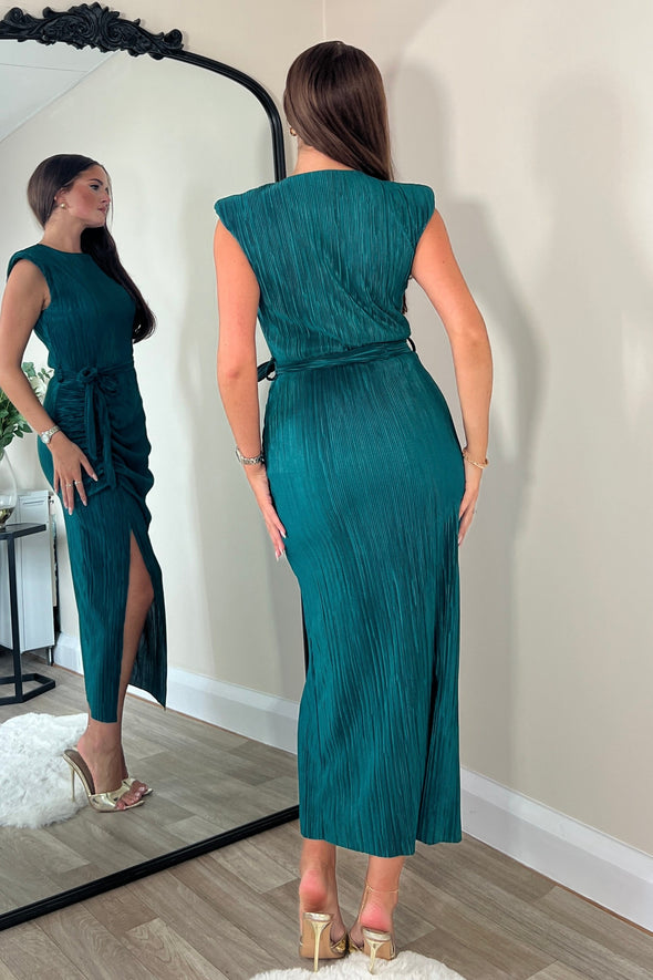 GIRL IN MIND Elena Ruched Seamed Midi Dress Teal