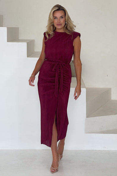 GIRL IN MIND Elena Ruched Seamed Midi Dress Wine