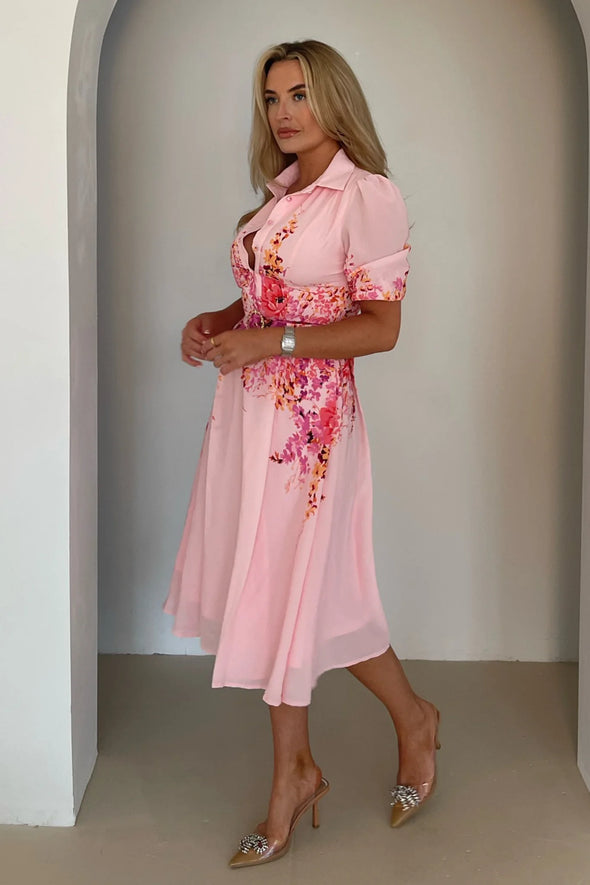 GIRL IN MIND Holland Border Print Collar Midi Dress Pink