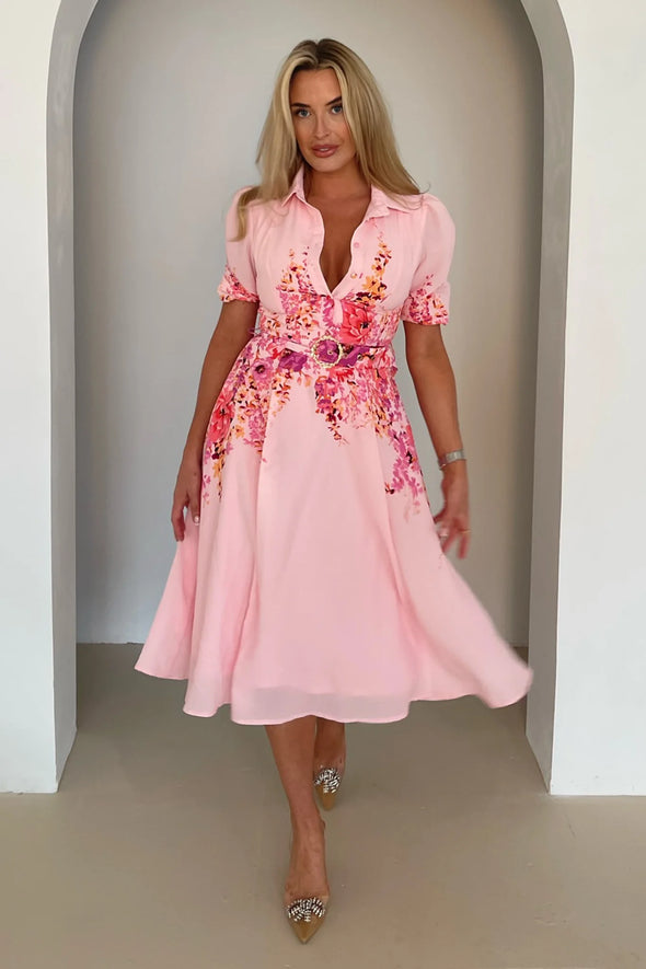 GIRL IN MIND Holland Border Print Collar Midi Dress Pink