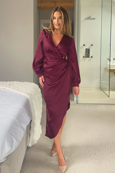 GIRL IN MIND Elsa Gold Buckle Long Sleeve Wrap Asymmetric Dress In Wine