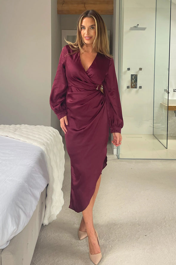 GIRL IN MIND Elsa Gold Buckle Long Sleeve Wrap Asymmetric Dress In Wine