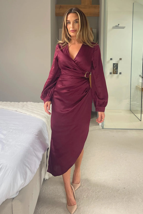 GIRL IN MIND Elsa Gold Buckle Long Sleeve Wrap Asymmetric Dress In Wine