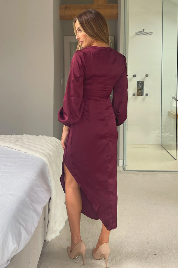 GIRL IN MIND Elsa Gold Buckle Long Sleeve Wrap Asymmetric Dress In Wine