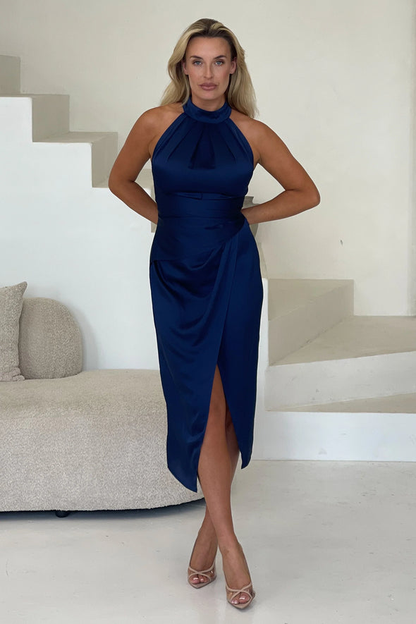 GIRL IN MIND Alessia Navy Halterneck Midi Dress