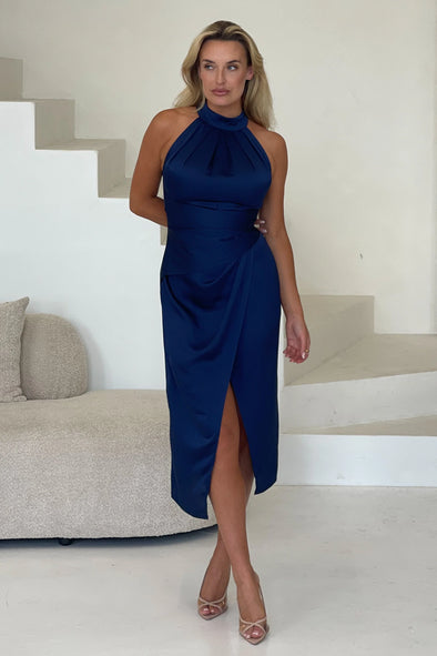 GIRL IN MIND Alessia Navy Halterneck Midi Dress