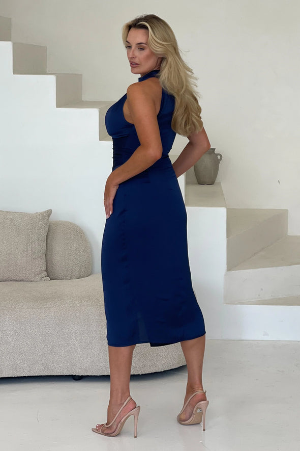 GIRL IN MIND Alessia Navy Halterneck Midi Dress