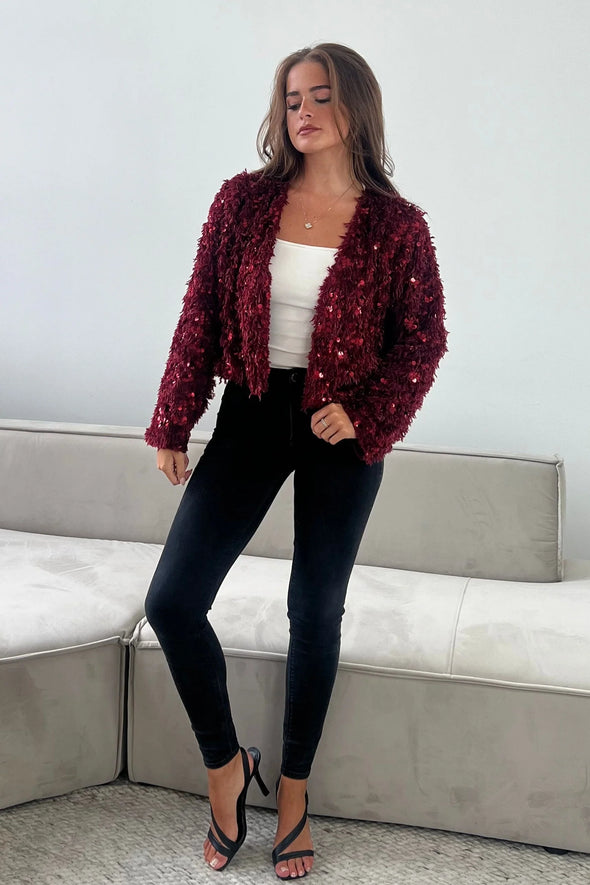 GIRL IN MIND Lynn Sequin Cropped Cardigan Wine