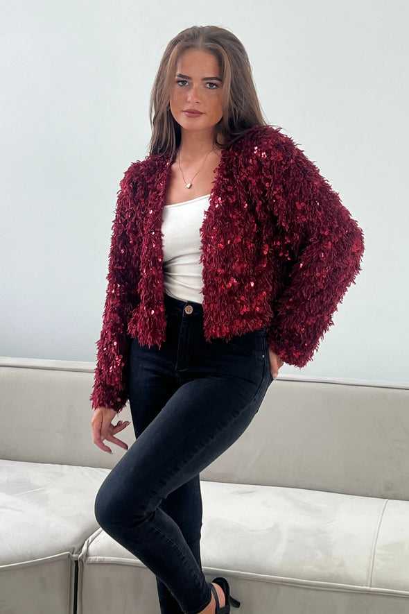 GIRL IN MIND Lynn Sequin Cropped Cardigan Wine