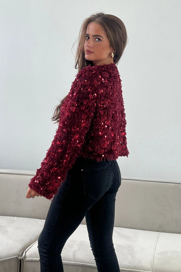 GIRL IN MIND Lynn Sequin Cropped Cardigan Wine