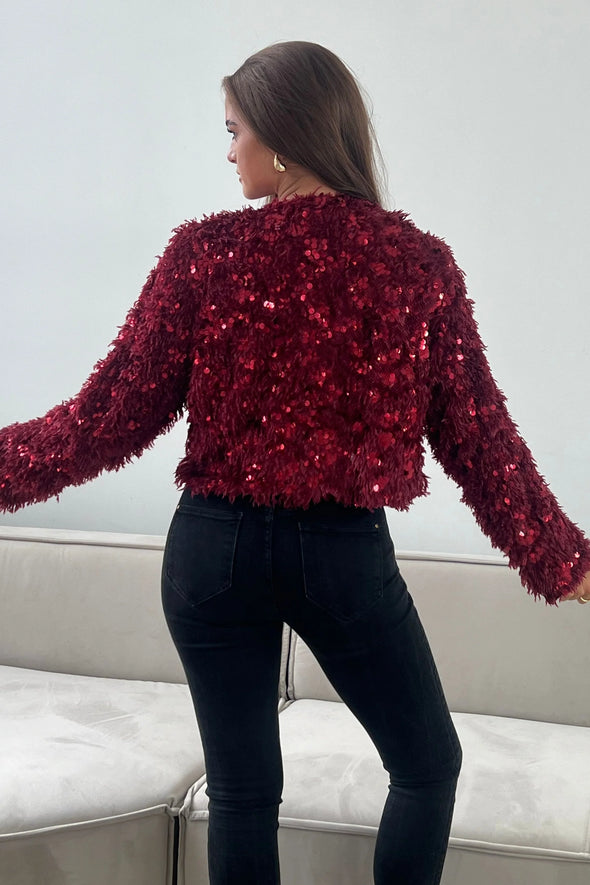 GIRL IN MIND Lynn Sequin Cropped Cardigan Wine