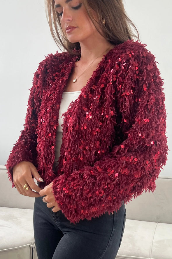 GIRL IN MIND Lynn Sequin Cropped Cardigan Wine