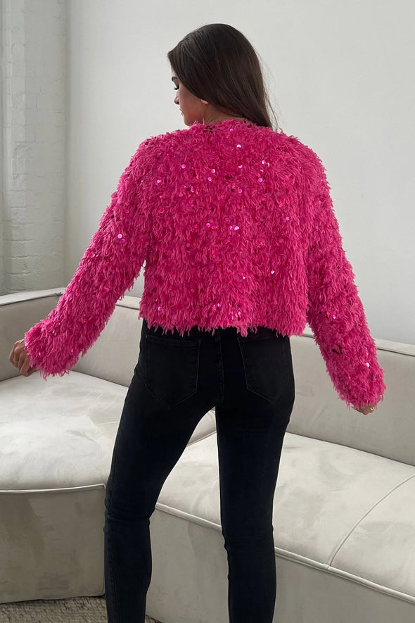 GIRL IN MIND Lynn Sequin Cropped Cardigan Pink