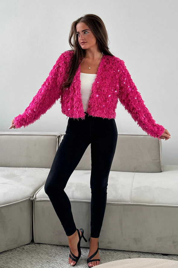 GIRL IN MIND Lynn Sequin Cropped Cardigan Pink