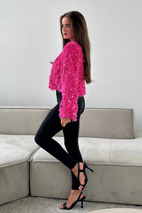 GIRL IN MIND Lynn Sequin Cropped Cardigan Pink