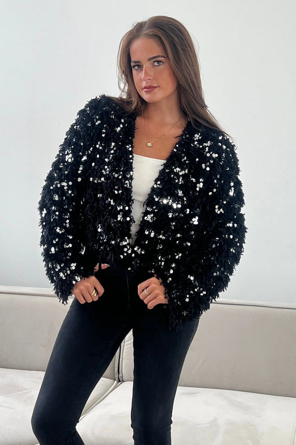 GIRL IN MIND Lynn Sequin Cropped Cardigan Black