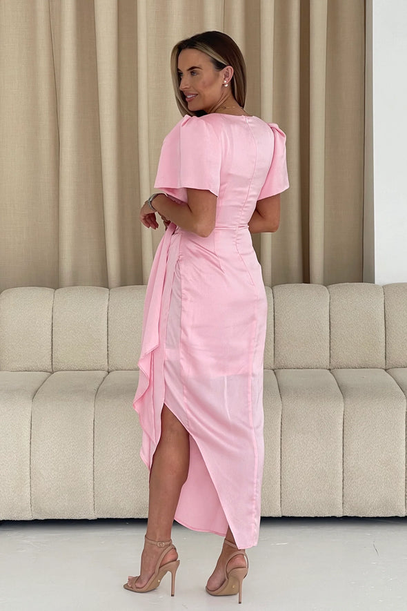 GIRL IN MIND Drew Puff Sleeve Wrap Front Midi Dress Pink