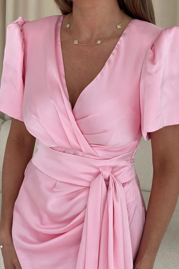 GIRL IN MIND Drew Puff Sleeve Wrap Front Midi Dress Pink