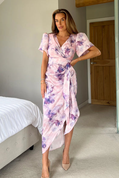 GIRL IN MIND Drew Puff Sleeve Wrap Front Midi Dress Purple Marble