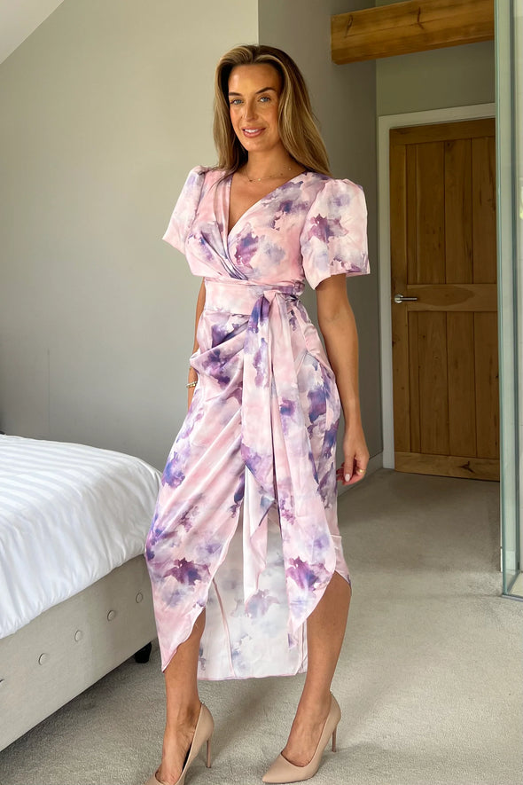 GIRL IN MIND Drew Puff Sleeve Wrap Front Midi Dress Purple Marble