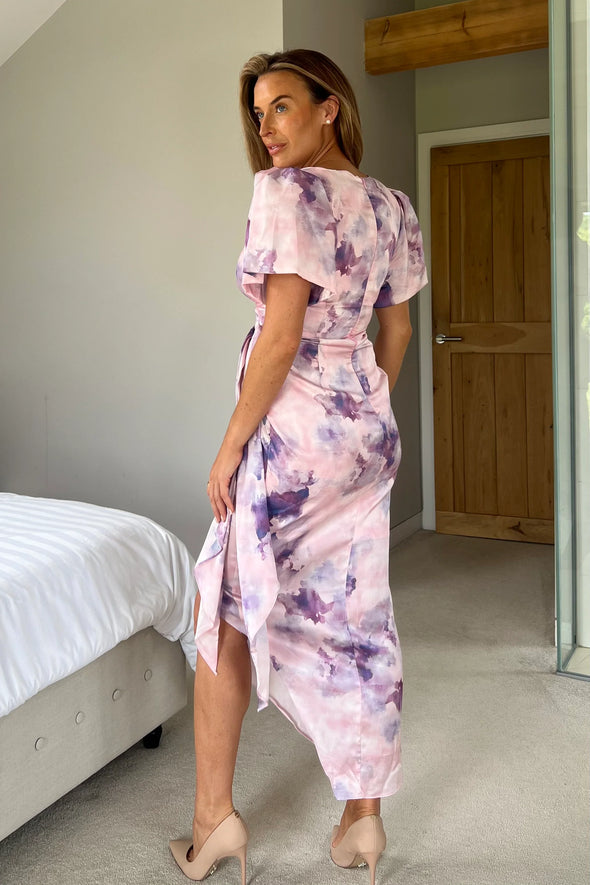 GIRL IN MIND Drew Puff Sleeve Wrap Front Midi Dress Purple Marble