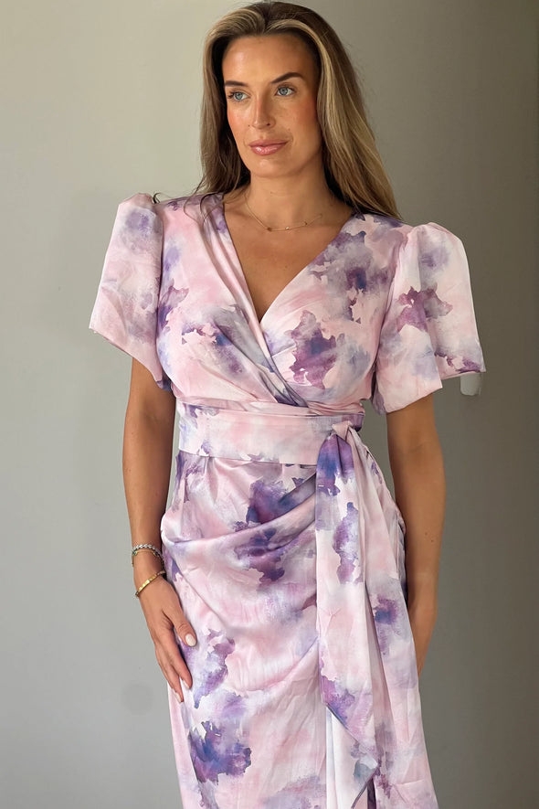 GIRL IN MIND Drew Puff Sleeve Wrap Front Midi Dress Purple Marble