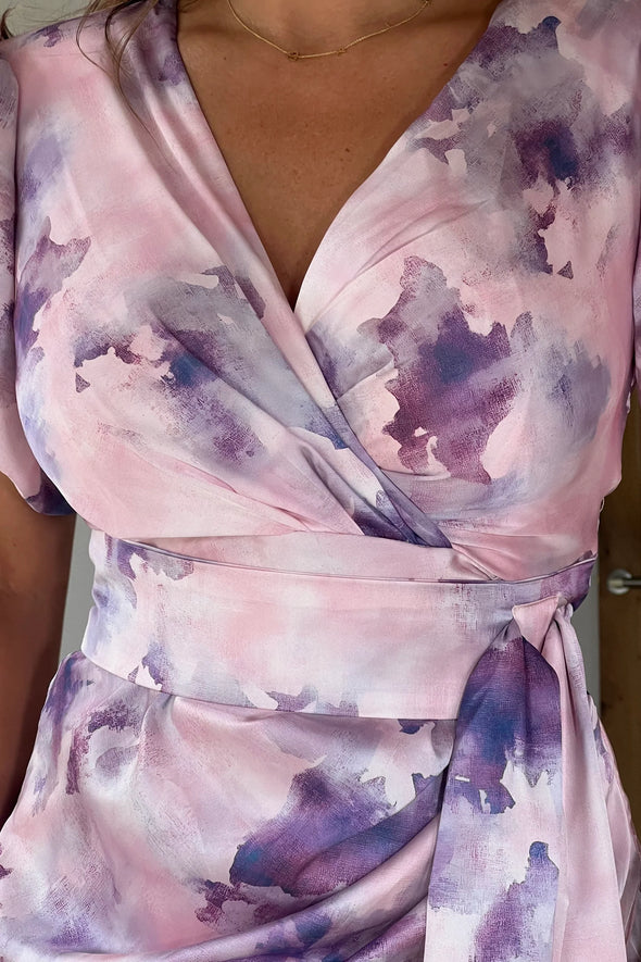 GIRL IN MIND Drew Puff Sleeve Wrap Front Midi Dress Purple Marble