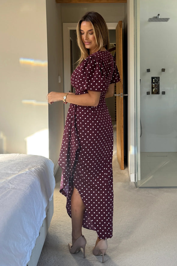 GIRL IN MIND Drew Puff Sleeve Wrap Front Midi Dress Berry Spot