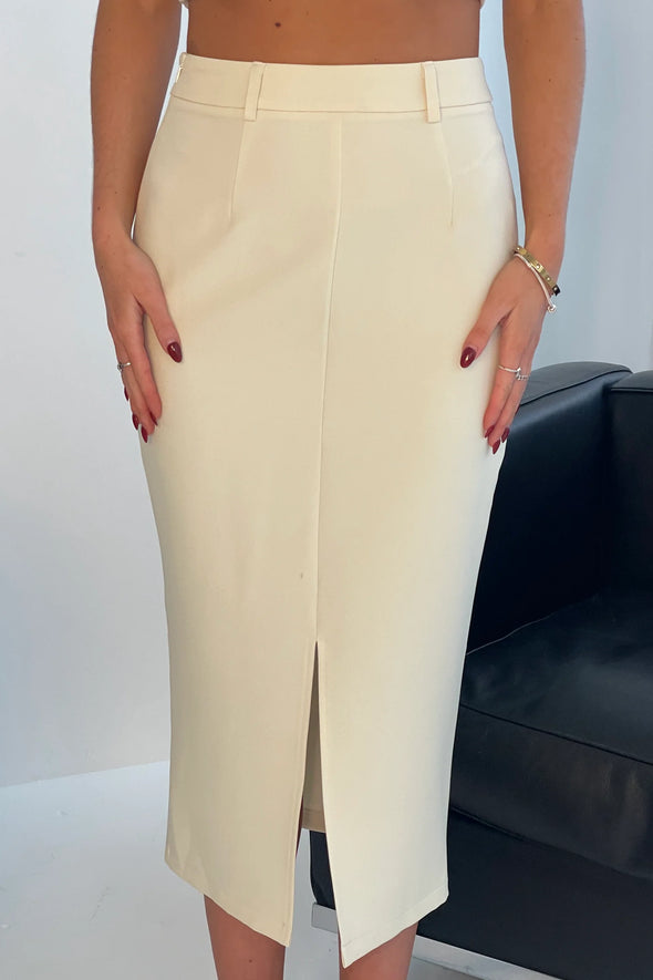 GIRL IN MIND Vicky Reversible Tailored Midi Skirt Ivory