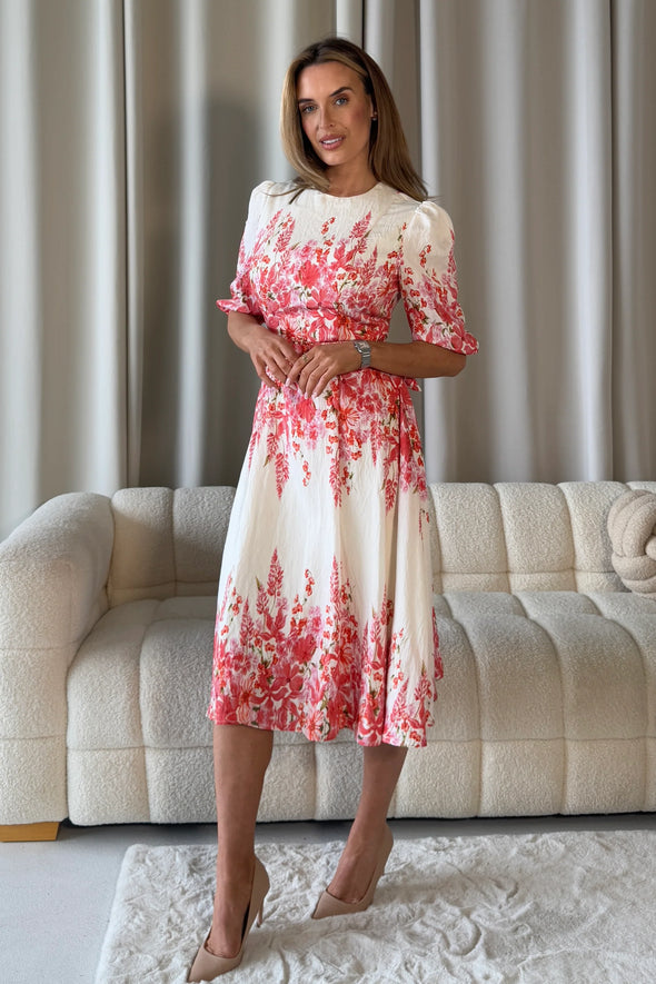 GIRL IN MIND Foster Round Neck Puff Sleeve Midi Dress Pink Floral