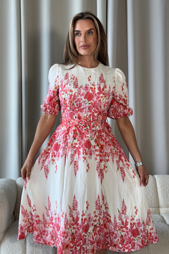 GIRL IN MIND Foster Round Neck Puff Sleeve Midi Dress Pink Floral