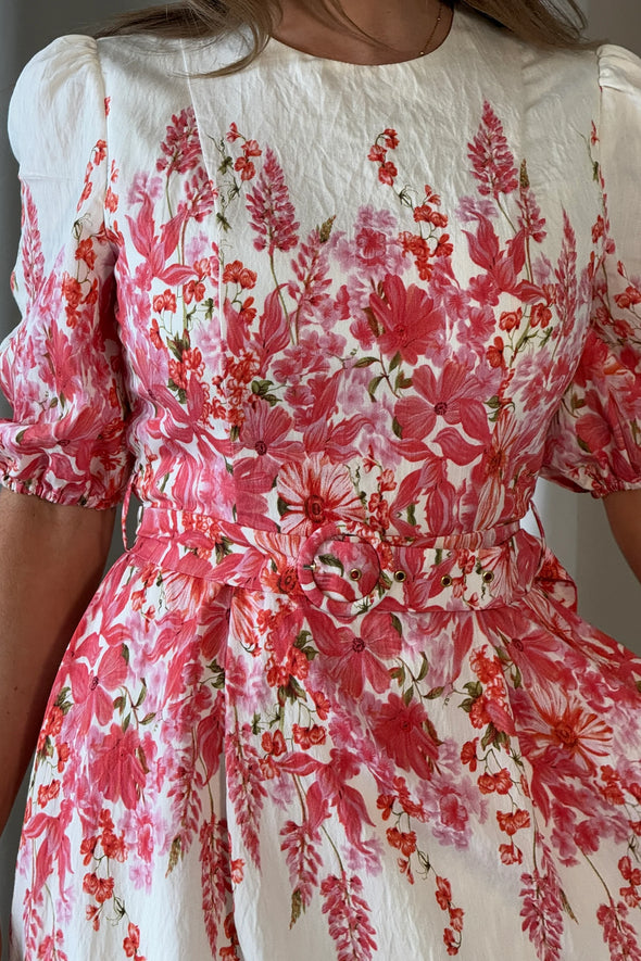 GIRL IN MIND Foster Round Neck Puff Sleeve Midi Dress Pink Floral