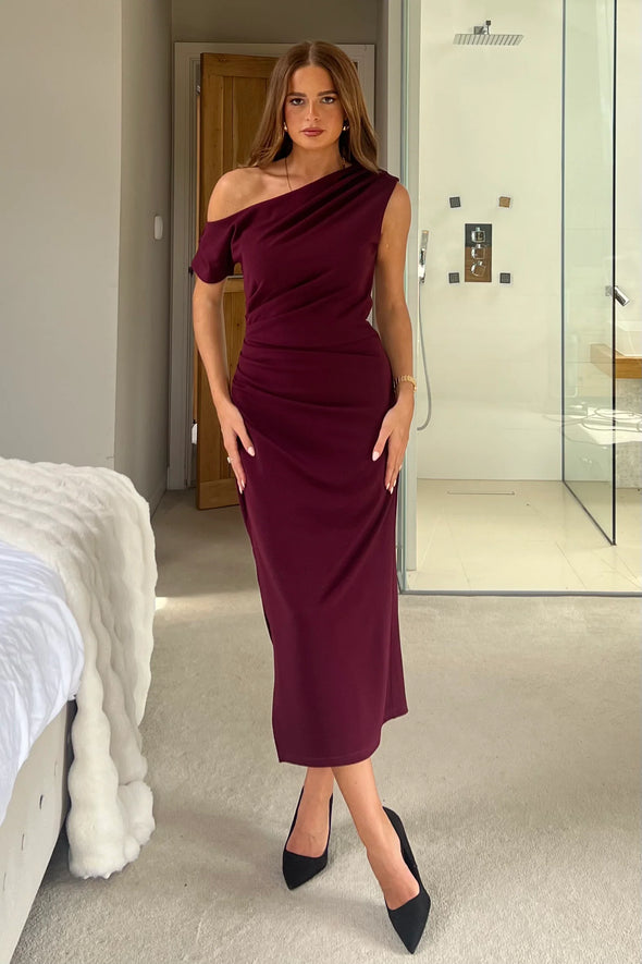 GIRL IN MIND Donna Asymmetric Neckline Midi Dress Plum