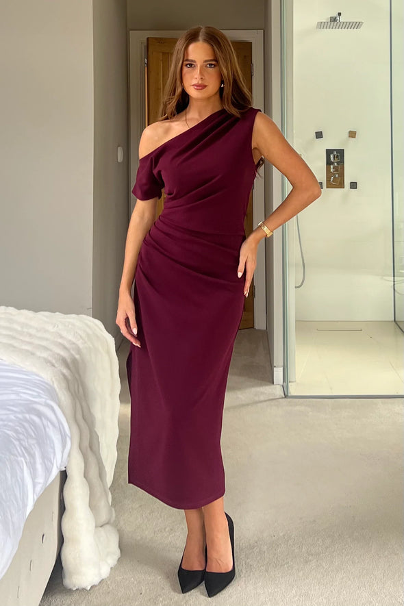 GIRL IN MIND Donna Asymmetric Neckline Midi Dress Plum