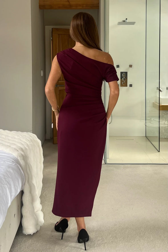 GIRL IN MIND Donna Asymmetric Neckline Midi Dress Plum