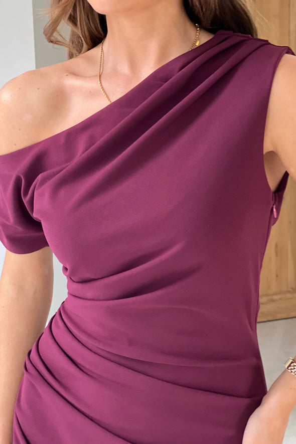 GIRL IN MIND Donna Asymmetric Neckline Midi Dress Plum