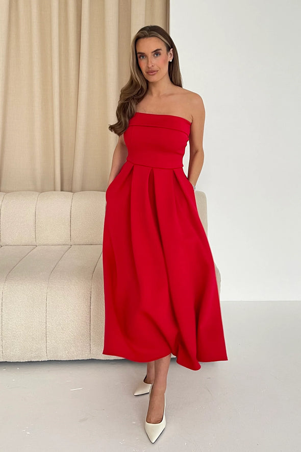 GIRL IN MIND Danni Strapless Bandeau Midi Dress Red