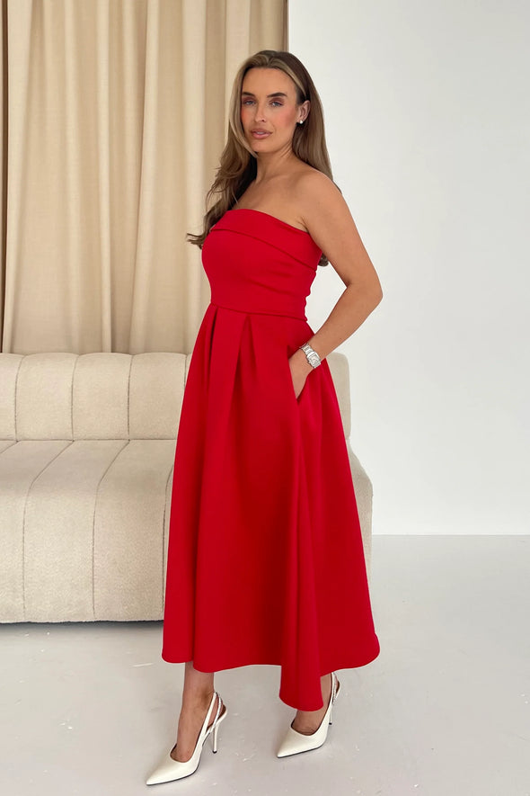 GIRL IN MIND Danni Strapless Bandeau Midi Dress Red