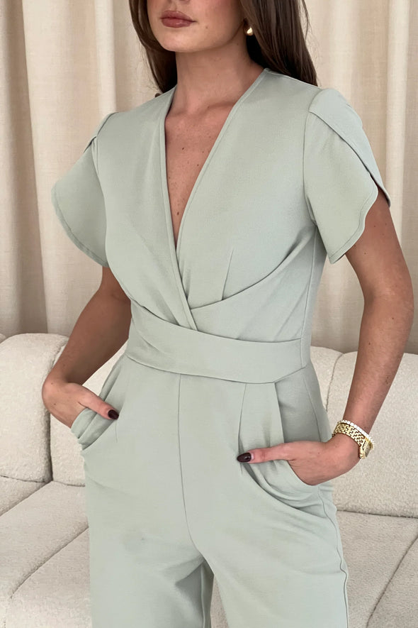 GIRL IN MIND Bridget Twist Font Split Arm Jumpsuit Sage