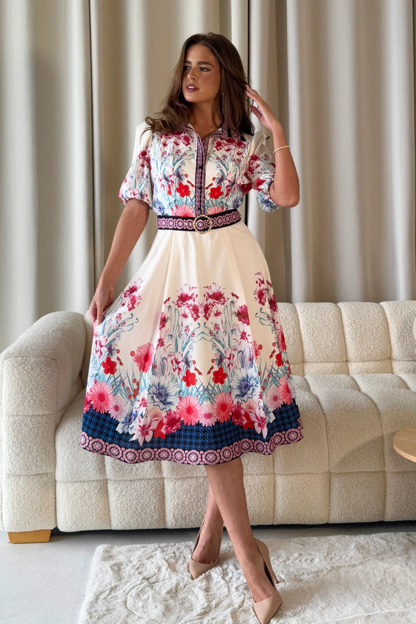 GIRL IN MIND Holland Border Print Collar Midi Dress Cream