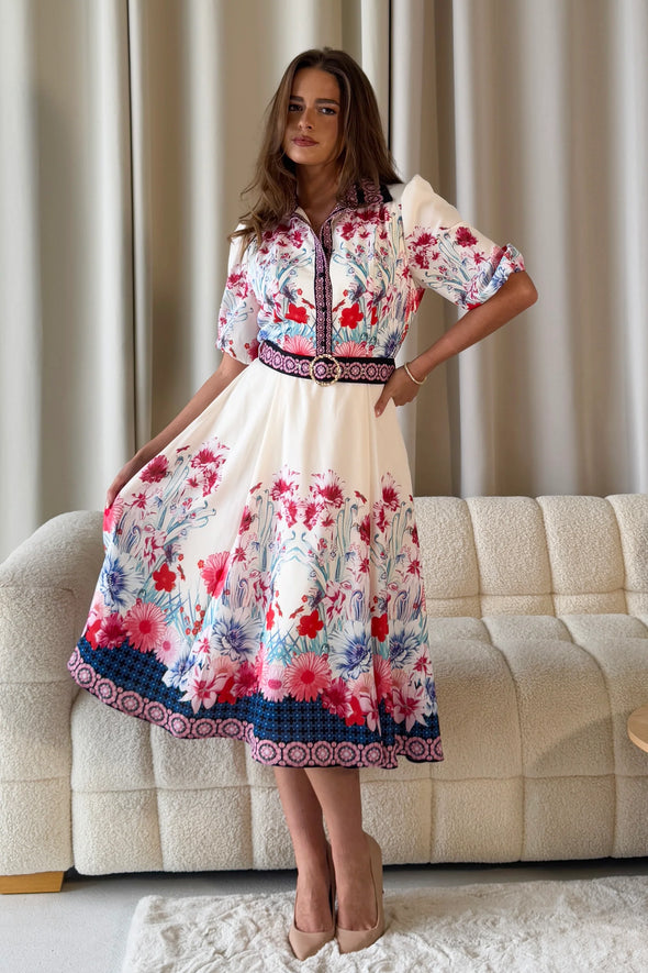 GIRL IN MIND Holland Border Print Collar Midi Dress Cream