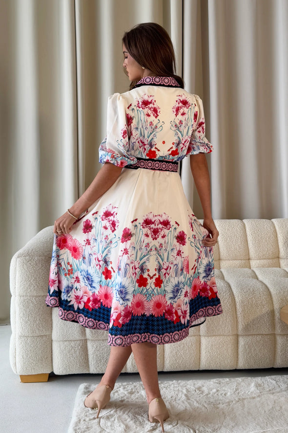 GIRL IN MIND Holland Border Print Collar Midi Dress Cream