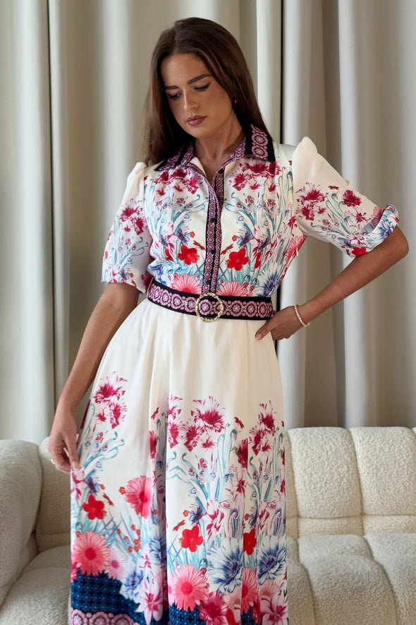 GIRL IN MIND Holland Border Print Collar Midi Dress Cream