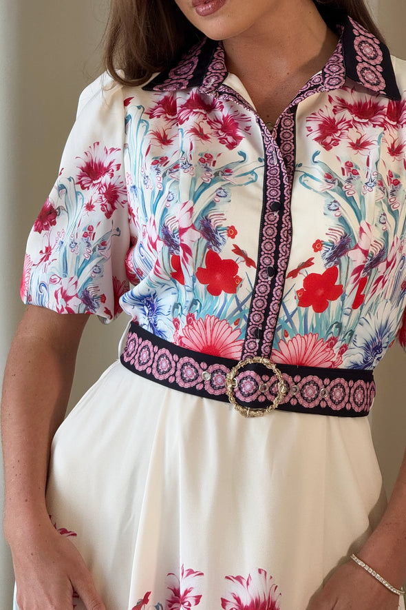 GIRL IN MIND Holland Border Print Collar Midi Dress Cream