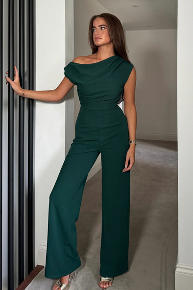 GIRL IN MIND Donna Asymmetric Neckline Emerald Jumpsuit