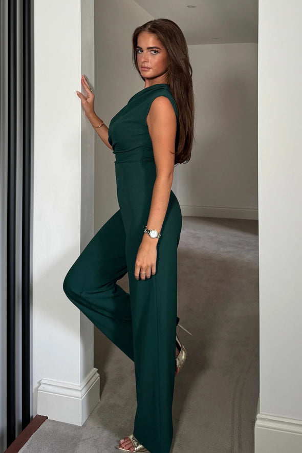 GIRL IN MIND Donna Asymmetric Neckline Emerald Jumpsuit